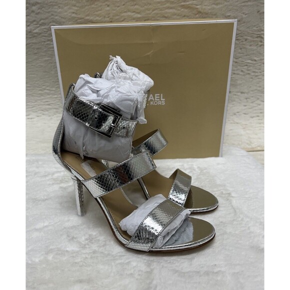 Michael Kors Women's Amal Metallic Snake Embossed Leather Sandal Silver, US 8 M - Picture 5 of 11